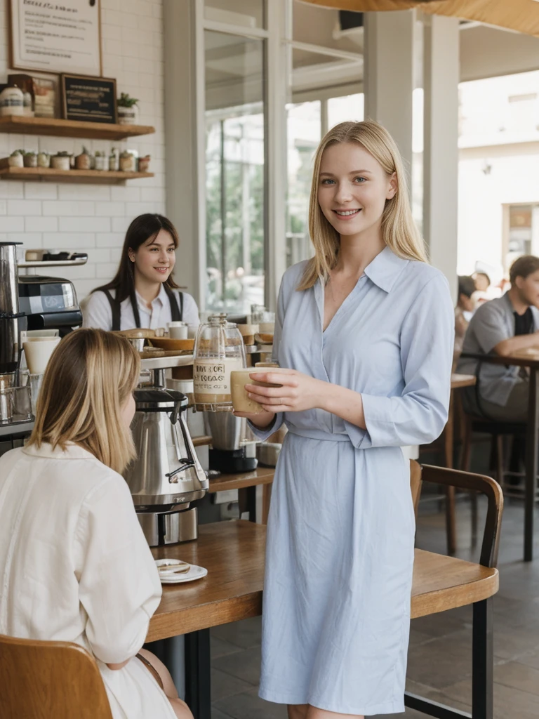 her name is Marie, high quality, 1girl, ((20-year-old fit Caucasian woman)), ((20 years old)), ((fit)), ((pale skin tone)), medium length straight blonde hair , wearing Pastel Lavender Linen Wrap Dress, pose: standing, background: Describe the lively atmosphere of a neighborhood cafe on a sunny afternoon, with the aroma of freshly brewed coffee, the sound of baristas steaming milk, and people chatting at small tables.