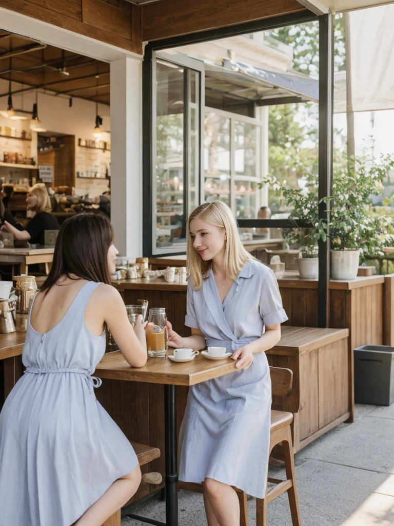 her name is Marie, high quality, 1girl, ((20-year-old fit Caucasian woman)), ((20 years old)), ((fit)), ((pale skin tone)), medium length straight blonde hair , wearing Pastel Lavender Linen Wrap Dress, pose: standing, background: Describe the lively atmosphere of a neighborhood cafe on a sunny afternoon, with the aroma of freshly brewed coffee, the sound of baristas steaming milk, and people chatting at small tables.
