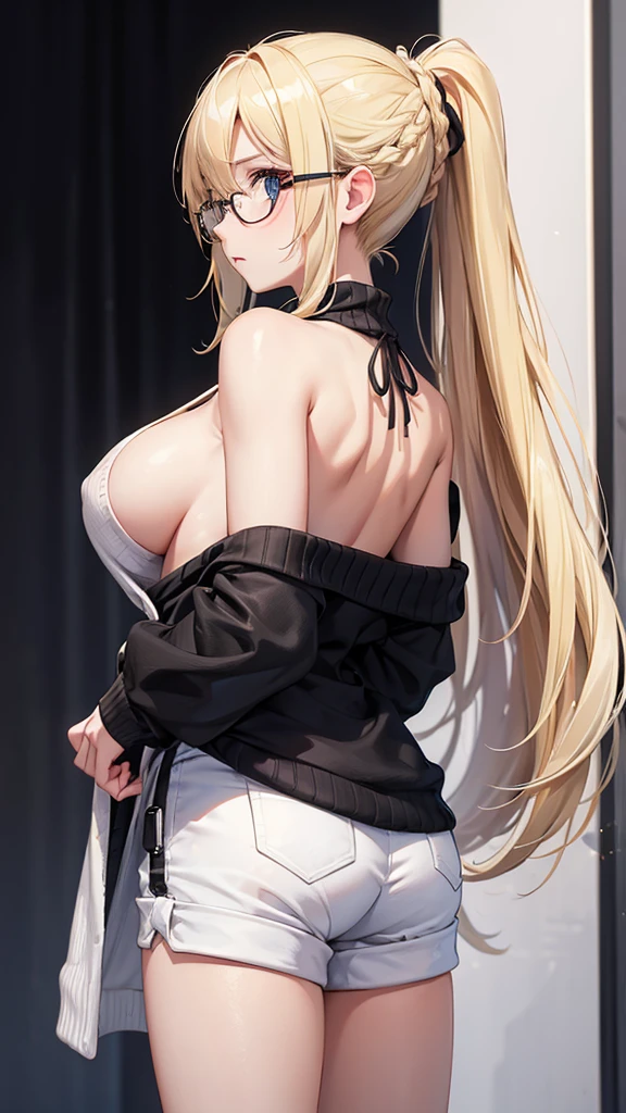 One woman,From the waist up,From the back,Big Breasts,Blonde,Long Hair,Turning around, I tied my hair up with both hands,black off shoulder sweater,White shorts,Black-rimmed square glasses