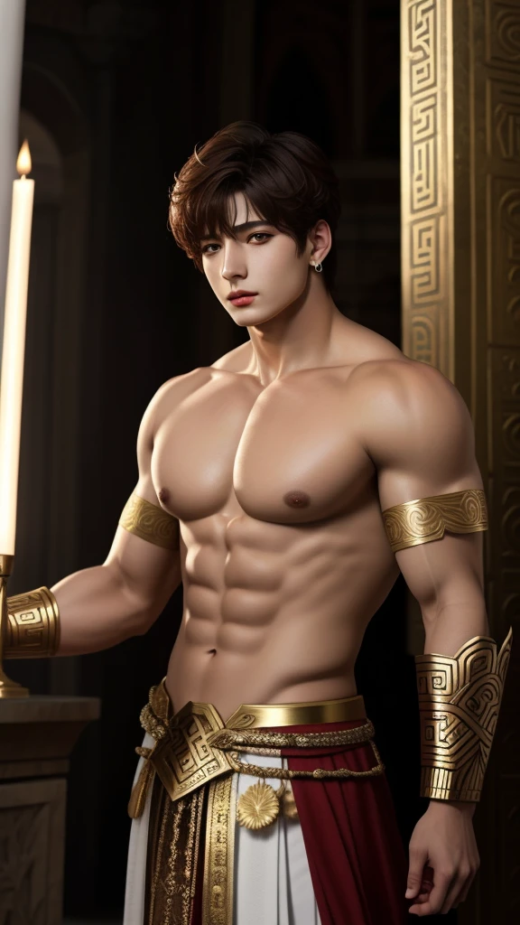 Greek god Ares, Jeon Jungkook&#39;s face, Golden armor, red cape, golden spear, marked abdomen, Greek sandals 