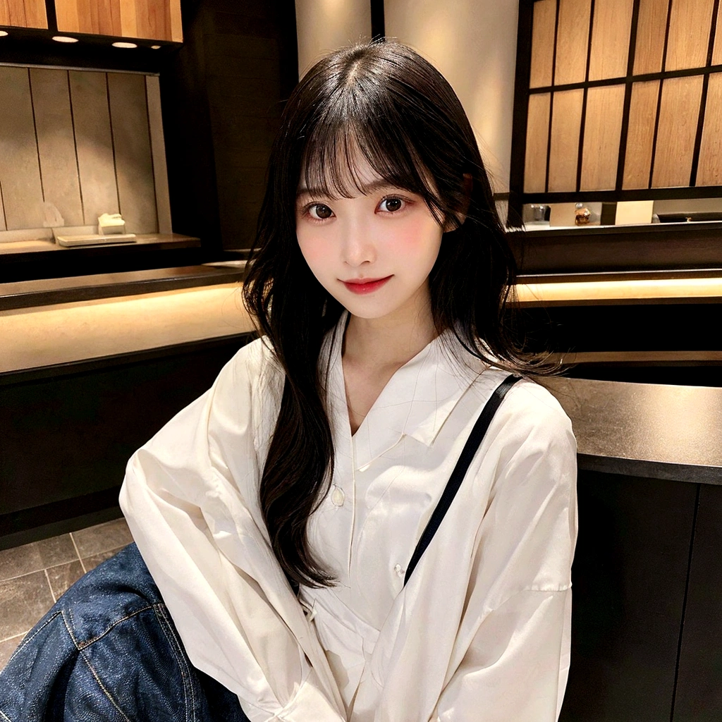 1 person, Japanese woman, H cup, cute, starbucks clerk, black hair, middle and straight hair, bangs, oval-shaped face, large round dark eyes, small well-shaped nose, small full lips, warm smile, thin neat eyebrows, clean and approachable aura, denim dress, healthy well-proportioned body, friendly demeanor, elegant look, modern indoor setting, realistic skin texture, universally appealing appearance.