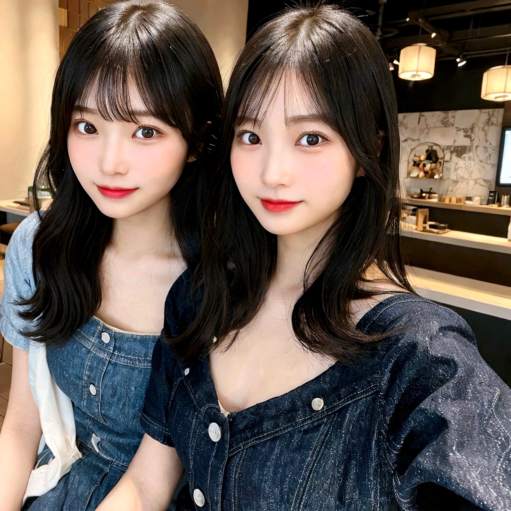 1 person, Japanese woman, H cup, cute, starbucks clerk, black hair, middle and straight hair, bangs, oval-shaped face, large round dark eyes, small well-shaped nose, small full lips, warm smile, thin neat eyebrows, clean and approachable aura, denim dress, healthy well-proportioned body, friendly demeanor, elegant look, modern indoor setting, realistic skin texture, universally appealing appearance.