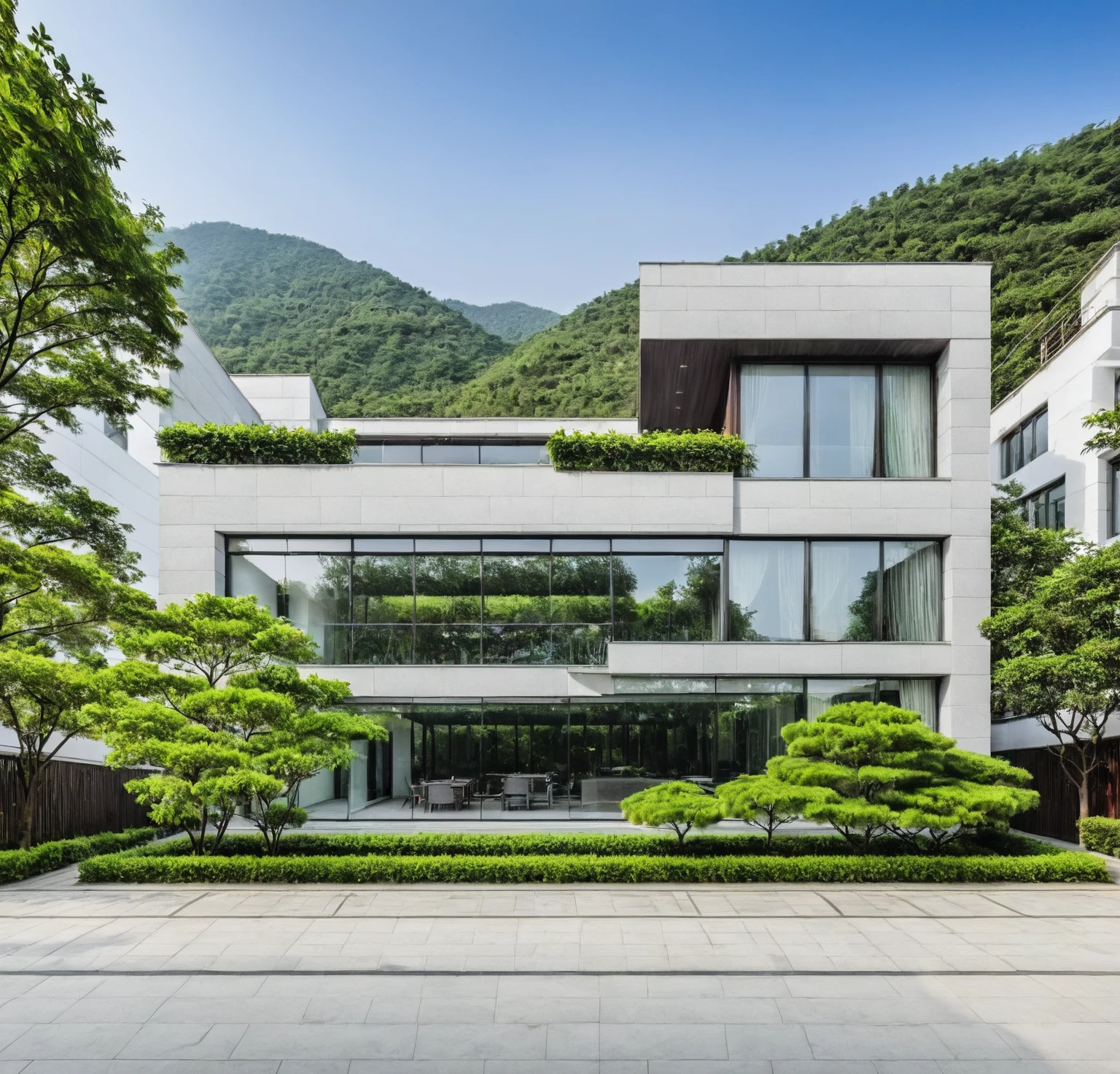 qlcd,tingyuan, photo d&#39;une villa moderne, prairie, jardin, arbustes et arbres, décoration rocheuse, ciel clair, lumière du soleil, photo réaliste
