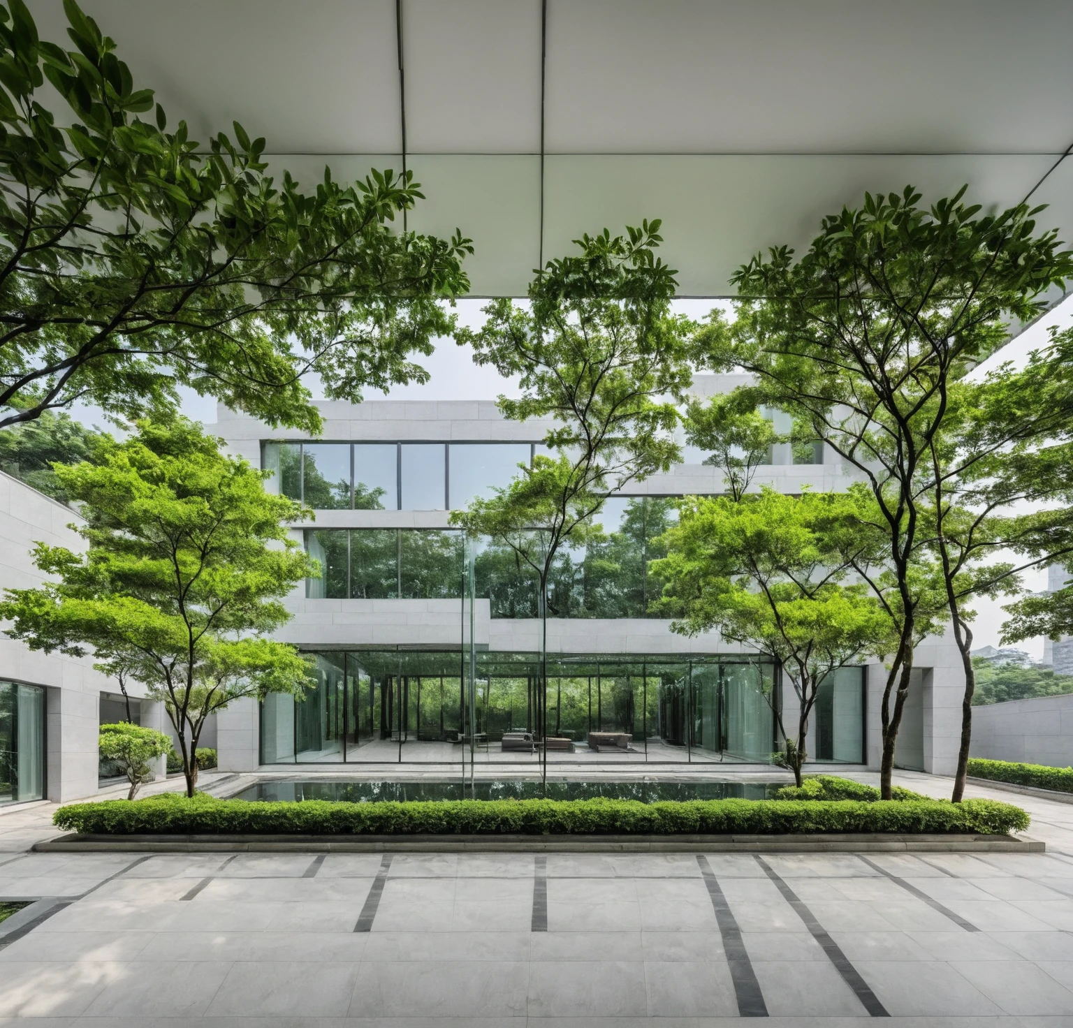 qlcd,tingyuan, photo d&#39;une villa moderne, prairie, jardin, arbustes et arbres, décoration rocheuse, ciel clair, lumière du soleil, photo réaliste
