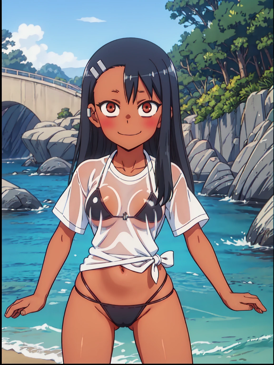 Hayase Nagatoro, wearing sexy black bikini under long white t-shirt, black micro bikini, tanlines, cameltoe, seductive pose, oversized white t-shirt, wet t-shirt see through, beach, wet, black hair, 1girl, solo, masterpiece, professional artwork, famous artwork, perfect face,perfect eyes, Nagatoro Hayase, hair ornament, brown eyes,(glowing eyes:1.1), hair clip ,dark skin, black hair, black hair, beautiful face, evil smile, evil eyes, ((perfect female body, narrow waist)), tan lines from school swimsuit, tanned skin with tanlines from swimsuit, mature content, nsfw, lewd