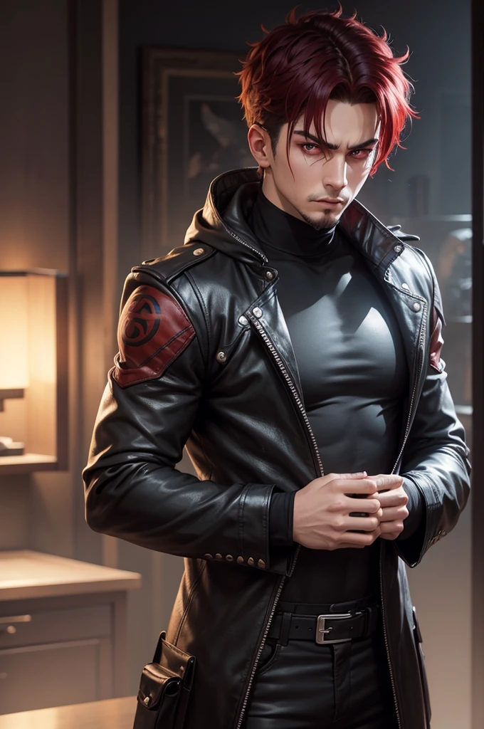 round-faced, emo/goth man with short hair, with bright ¡¡RED EYES!!, ¡¡¡¡¡WITH RED EYES!!!! long thick goatee and serious and intimidating expression, wearing leather clothing, muscular