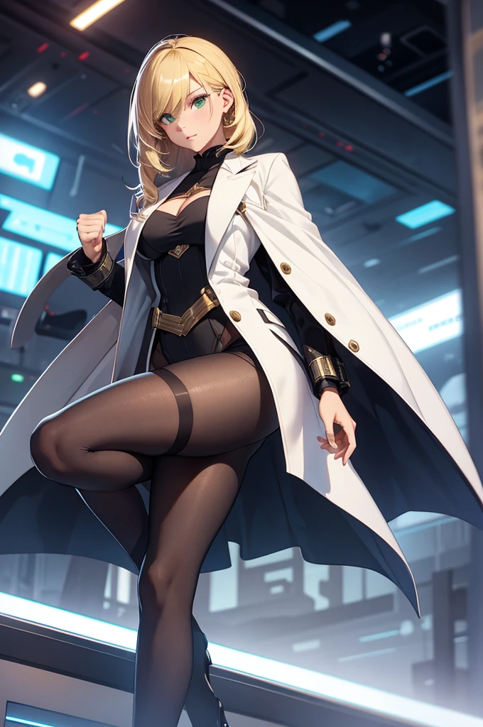 Female senator from Star Wars. Politcian. Coruscant background. Young, fit. Blonde longer hair. Green eyes. Wearing noble clothes. High status. Visible stockings tight. High heel boots. Clothing is luxurious. Visible cameltoe