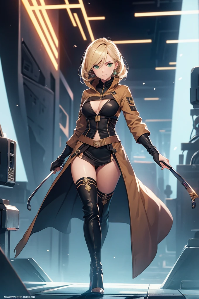 Female senator from Star Wars. Politcian. Coruscant background. Young, fit. Blonde longer hair. Green eyes. Wearing noble clothes. High status. Visible stockings tight. High heel boots. Clothing is luxurious.  Visible cameltoe