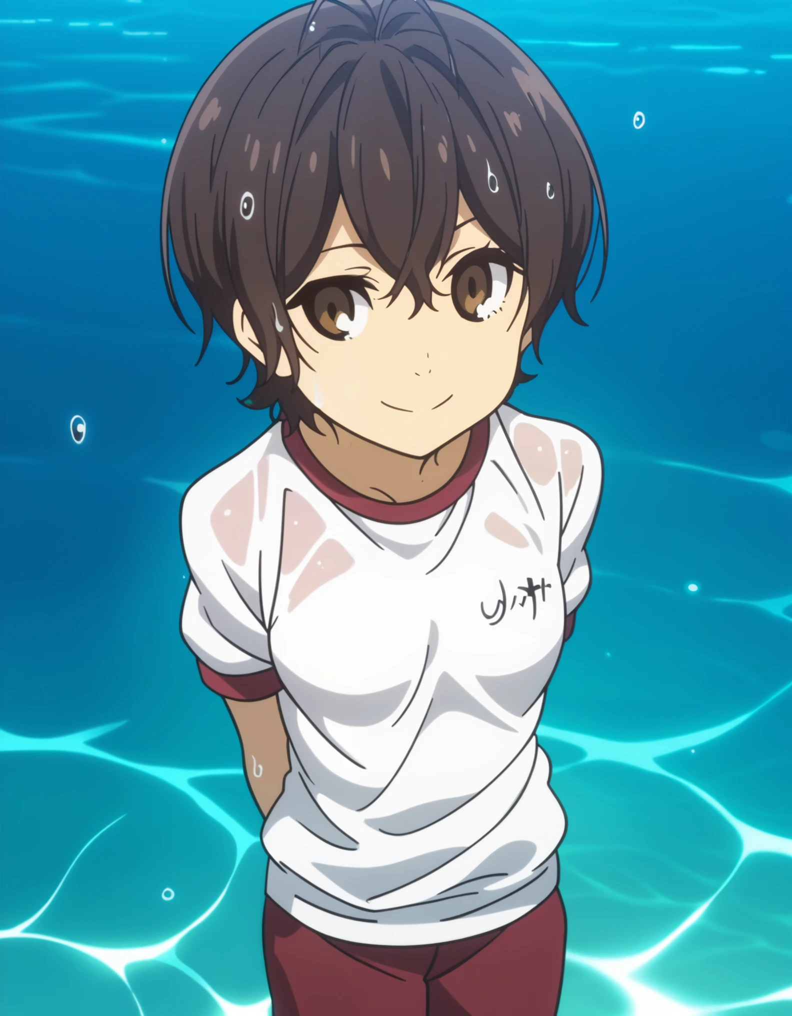 score_7_up, score_6_up, score_5_up, score_4_up, source anime, anime screencap, anime coloring, miwa, looking at viewer,  small breasts, smile, gym shirt, gym shorts, wet shirt, partially submerged, water, arms behind back, water drop,