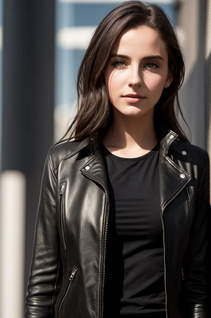 masterpiece,ultra high res, (photorealistic:1.4), raw photo, casual portrait of (21 year-old girl:1.3) ,(andear:0.99),  leather jacket, Compact body,((cyberpunk,scifi)),refined detailed  