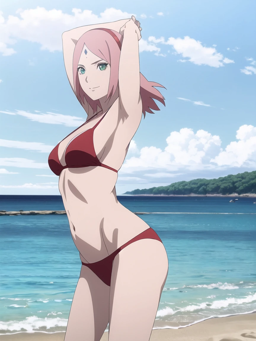 anime style, solo, 1 woman, super ultra details, very high resolution, perfect anatomy, ultra detailed face, high vibrance, (blue light), ((cold colors)), 1girl, haruno sakura, (tall, thin belly, off-shoulders, biceps, closed fists, pale skin, long belly, small breasts, forehead mark), ((red t-back bikini, red hair band)), looking at viewer, (beach, stretching, armpit line), floating hair, big smile, cowboy shot, (reddish pink hair, short hair), spring time((((sexy pose))))
