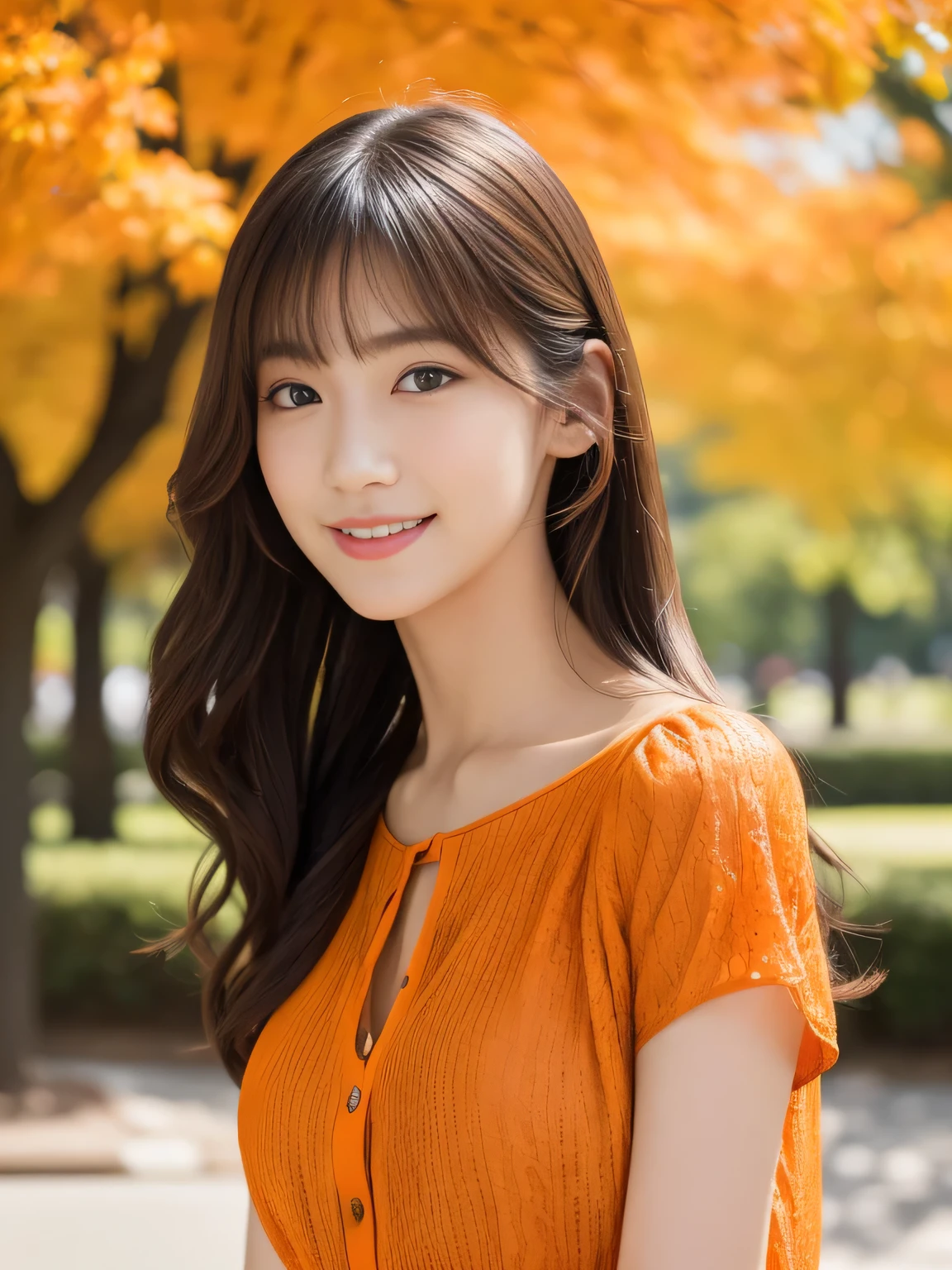 1 Girl,(Wearing an orange short-sleeved blouse:1.3),(RAW Photos, Highest quality), (Realistic, Realistic:1.4), Tabletop, Very delicate and beautiful, Very detailed, 2k wallpaper, wonderful, In detail, Very detailed CG Unity 8k wallpaper, Very detailed, High resolution, Soft Light, Beautiful detailed girl, Very detailed目と顔, Beautiful and sophisticated nose, Beautiful and beautiful eyes, Cinema Lighting, Spring afternoon park background, Perfect Anatomy, Slender body, smile, Wavy long hair, (Random body orientation), face looking at the camera,