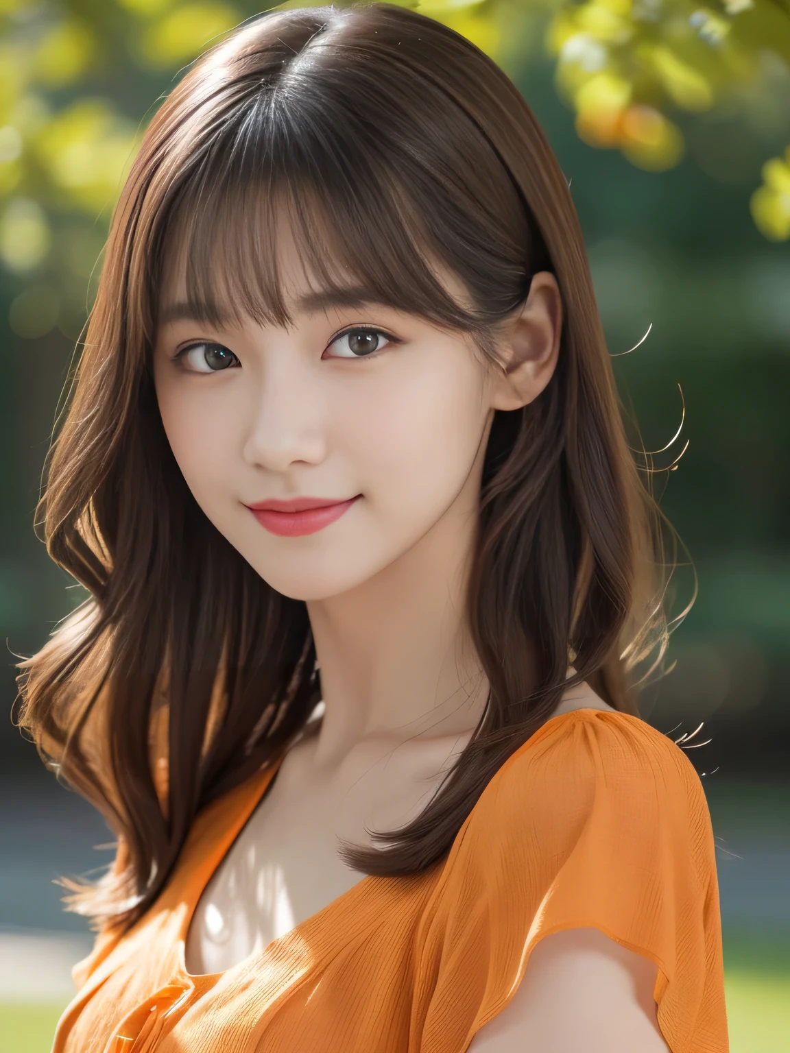 1 Girl,(Wearing an orange short-sleeved blouse:1.3),(RAW Photos, Highest quality), (Realistic, Realistic:1.4), Tabletop, Very delicate and beautiful, Very detailed, 2k wallpaper, wonderful, In detail, Very detailed CG Unity 8k wallpaper, Very detailed, High resolution, Soft Light, Beautiful detailed girl, Very detailed目と顔, Beautiful and sophisticated nose, Beautiful and beautiful eyes, Cinema Lighting, Spring afternoon park background, Perfect Anatomy, Slender body, smile, Wavy long hair, (Random body orientation), face looking at the camera,