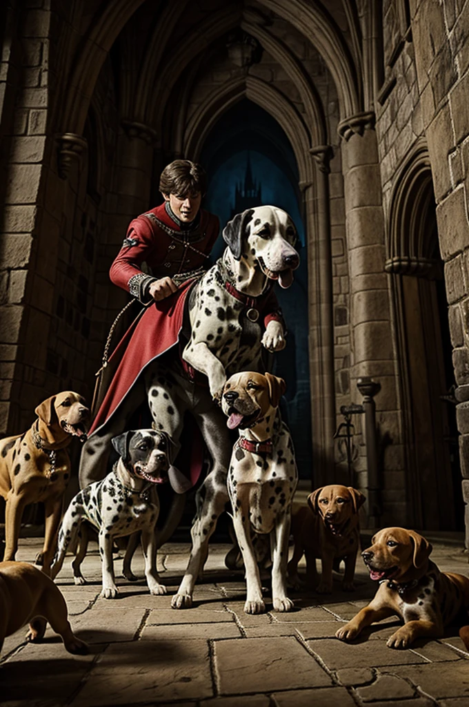 Scoby doo in a castle being attacked by a vampiric dog and surrounded by Dalmatian puppies