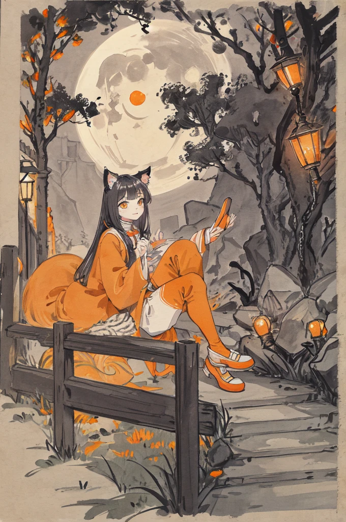 cat,Orange,beautiful,large eyes,Masterpiece,full moon,alley