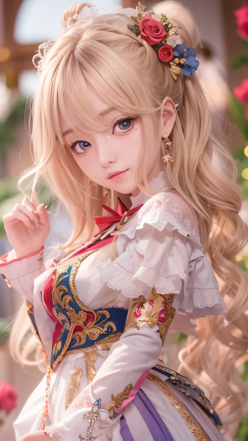 detailed face, cute face,Highest quality,Very detailed,masterpiece,Super detailed,figure,Blonde ,hair ornaments,stand,indoor,can't believe it_Absurd,One girl,Mid-chest,Red nose ,Realistic,Long Hair,summer_dress,Garter Straps,beautiful girl,Waving SV98