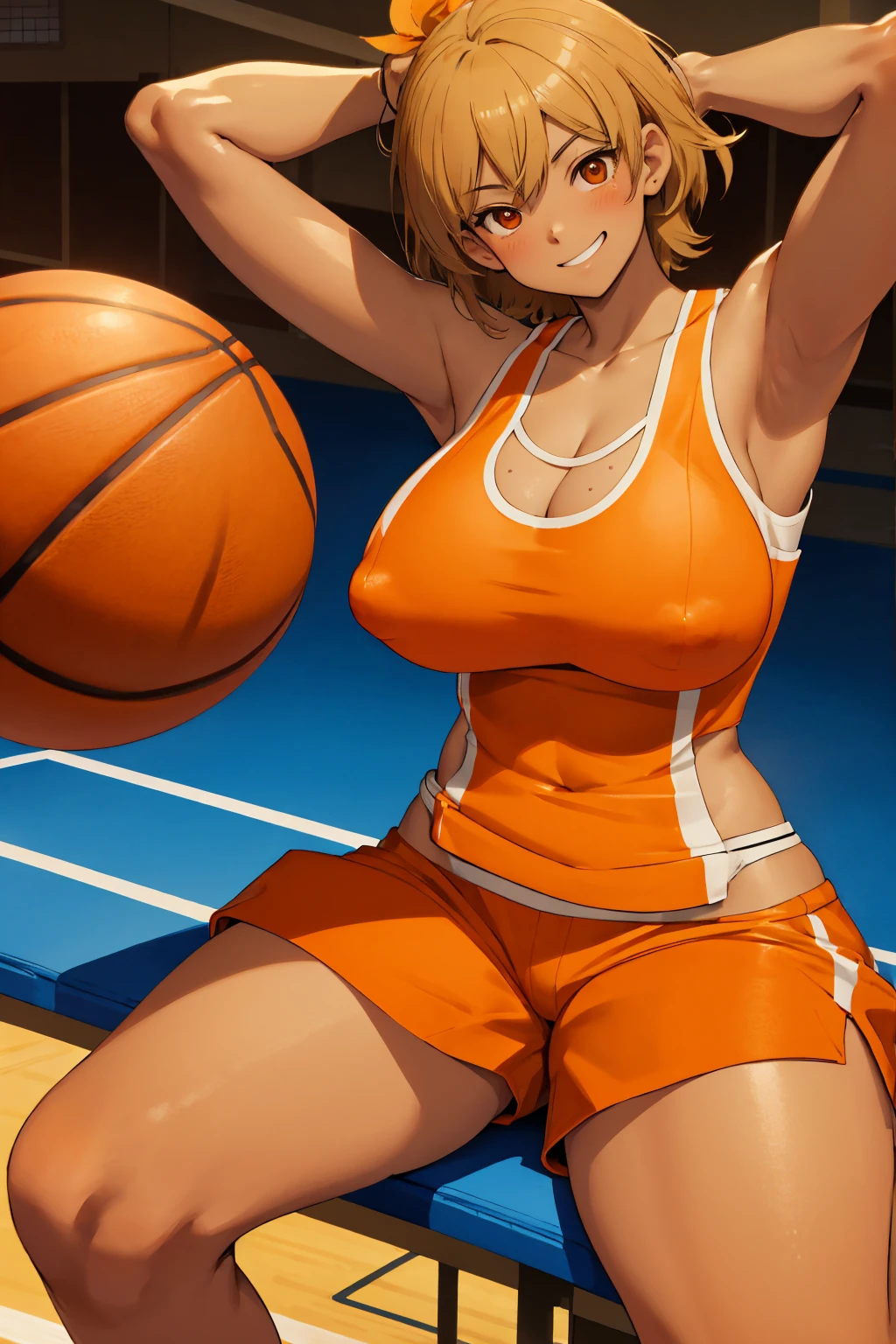 tanned, tan skin, At, orange tank top, orange shorts Blushing Super huge big breasts breast enlargement A man sitting alone on the basketball court looking at the camera and smiling full-body shot illustration, ultra-detailed, HDR, vibrant colors, soft lighting