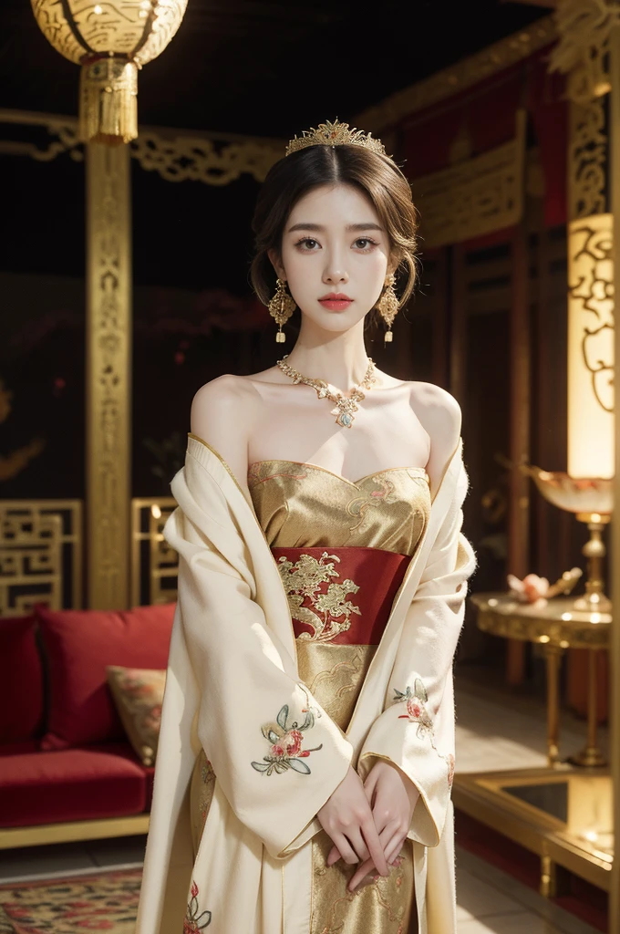 (((best quality))),(((ultra detailed))),(((masterpiece))),illustration,1 girl,solo,slim,thin,shoulder length straight bob hair,earrings,necklace,small breasts,flat chest,slender legs,high heels,Asian appearance,princess,royal,Chinese palace,night scene,(magnificent dragon robe:1.3),(sleeves:1.2),golden crown,intricate embroidery,luxurious fabric,precious stones,(arms behind back:1.3),decorative patterns,rich decorations,luxurious furnishings,regal charm,beautiful face,gentle smile,bright eyes,historical,traditional,city lights,modernity,frozen moment,beauty of the past,evolution of time,(from front:1.3),(upper body:1.2),(standing:1.3)