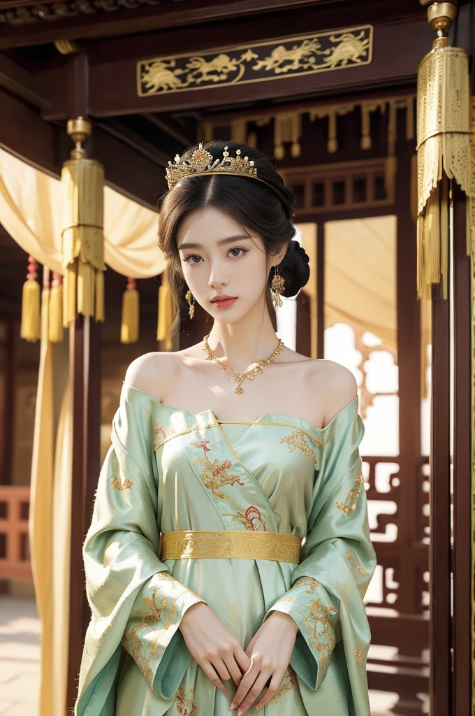 (((best quality))),(((ultra detailed))),(((masterpiece))),illustration,1 girl,solo,slim,thin,shoulder length straight bob hair,earrings,necklace,small breasts,flat chest,slender legs,high heels,Asian appearance,princess,royal,Chinese palace,night scene,(magnificent dragon robe:1.3),(sleeves:1.2),golden crown,intricate embroidery,luxurious fabric,precious stones,(arms behind back:1.3),decorative patterns,rich decorations,luxurious furnishings,regal charm,beautiful face,gentle smile,bright eyes,historical,traditional,city lights,modernity,frozen moment,beauty of the past,evolution of time,(from front:1.3),(upper body:1.2),(standing:1.3)
