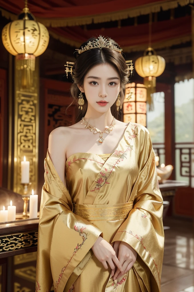 (((best quality))),(((ultra detailed))),(((masterpiece))),illustration,1 girl,solo,slim,thin,shoulder length straight bob hair,earrings,necklace,small breasts,flat chest,slender legs,high heels,Asian appearance,princess,royal,Chinese palace,night scene,(magnificent dragon robe:1.3),(sleeves:1.2),golden crown,intricate embroidery,luxurious fabric,precious stones,(arms behind back:1.3),decorative patterns,rich decorations,luxurious furnishings,regal charm,beautiful face,gentle smile,bright eyes,historical,traditional,city lights,modernity,frozen moment,beauty of the past,evolution of time,(from front:1.3),(upper body:1.2),(standing:1.3)