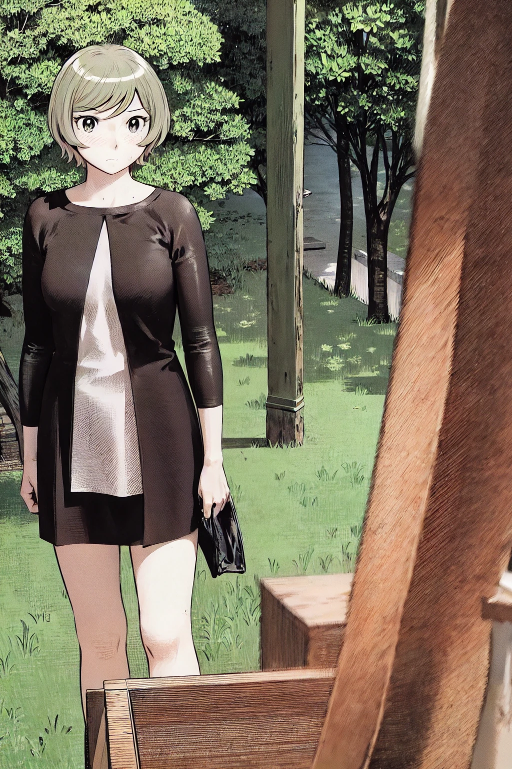 、(masterpiece、Highest quality)、Highest quality, Ultra-high resolution, (((masterpiece))), alone, Sweat、Big eyes, No sleeve、Outdoor、Floral dress、Composition from the front、(Cut the back hair short、short hair、blonde、woman)、Shortcuts、Embarrassed face、Cut your hair short、可愛いwomanの子、Big Breasts、NSFW