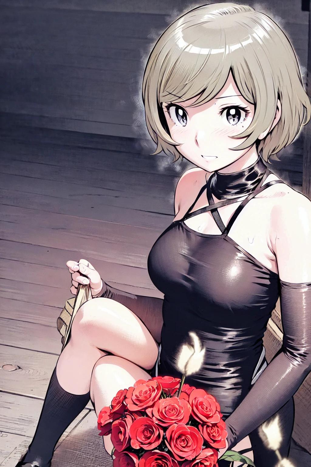 、(masterpiece、Highest quality)、Highest quality, Ultra-high resolution, (((masterpiece))), alone, Sweat、Big eyes, No sleeve、Outdoor、Floral dress、Composition from the front、(Cut the back hair short、short hair、blonde、woman)、Shortcuts、Embarrassed face、Cut your hair short、可愛いwomanの子、Big Breasts、NSFW
