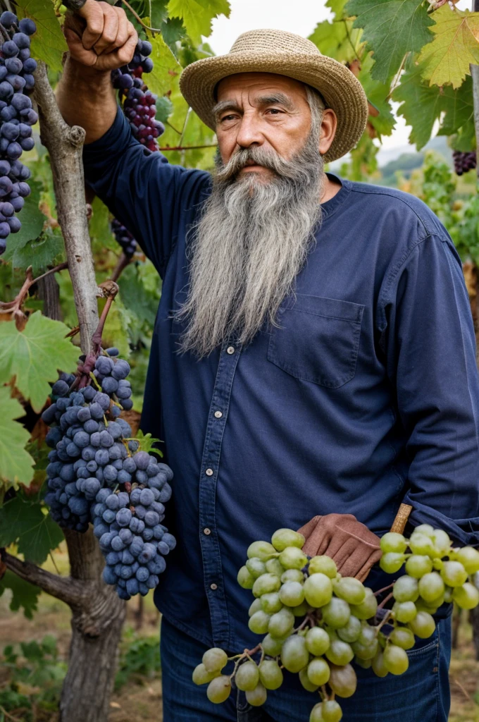 old man 900 years old beard big bunch of grapes vineyard