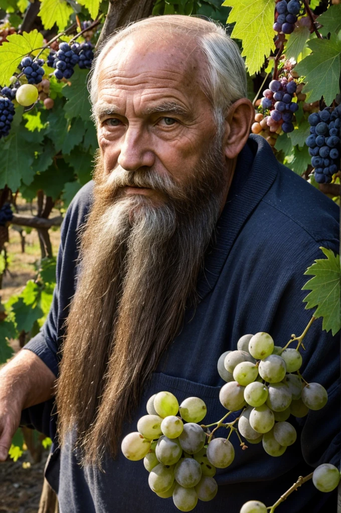 old man 900 years old beard big bunch of grapes vineyard