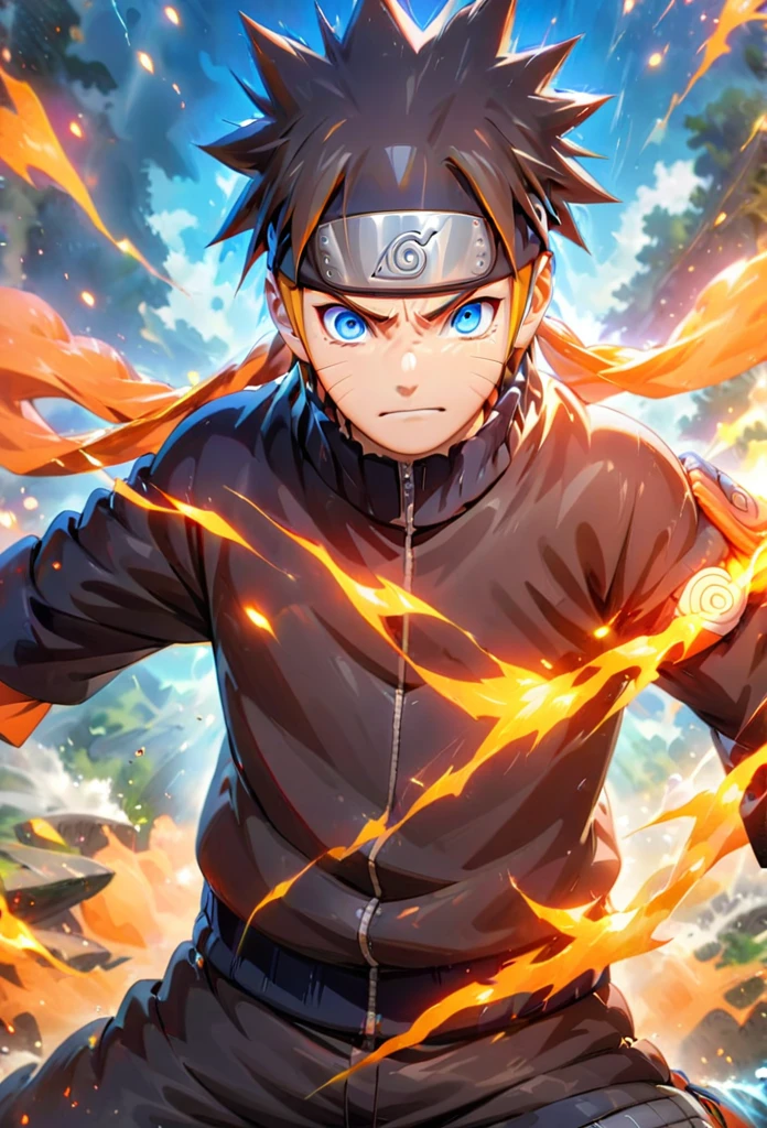 Symetrical,absurdres, highres, ultra detailed, HDR, masterpiece, extremely detailed face and electric orenge eyes, orenge hair,Naruto ,,,  , solo, man, handsome, ,, , Epic fight scene,  blue water effect, blue and orange lightning effect,glowing glitters