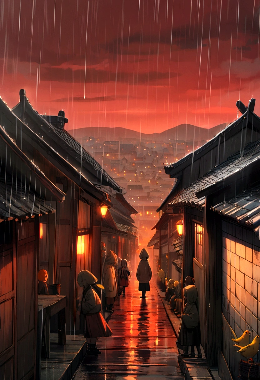 Canary bird 9 tails, red sky, rain, people's scary, dark, mostet, konoha Village