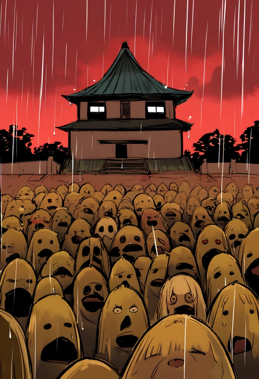 Canary bird 9 tails, red sky, rain, people's scary, dark, mostet, konoha Village