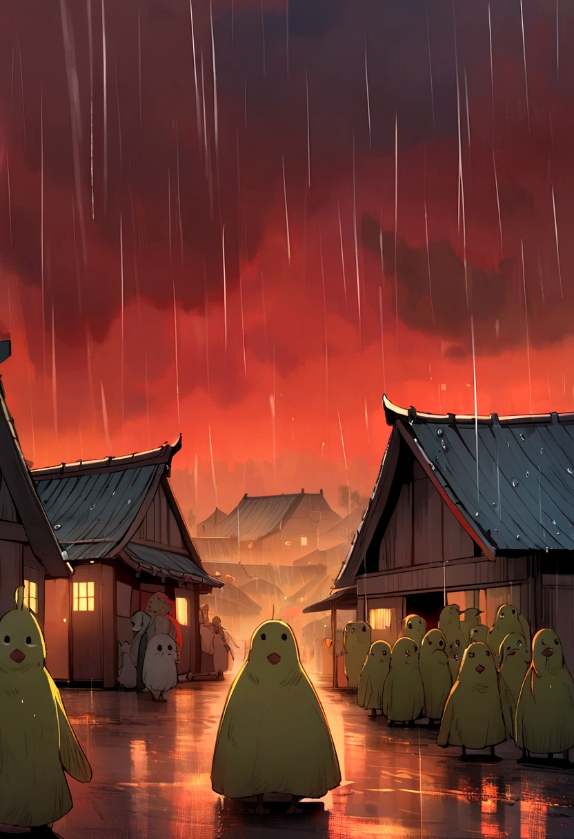 Canary bird 9 tails, red sky, rain, people's scary, dark, mostet, konoha Village