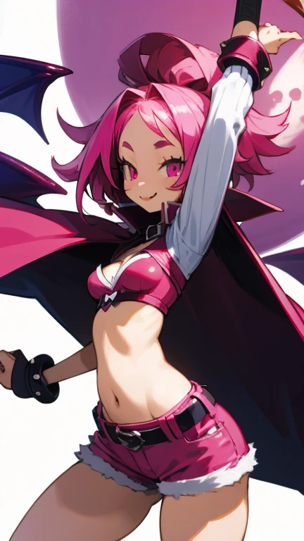 High detailed, 8 vampire girls, Amaranth colored hair, pink eyes, smiling, tongue  out, round buson, gorgeous plump body, vampire's Cape, red tight Bustier, spiked belt, Tight mini shorts, large Bat wings, leaping pose