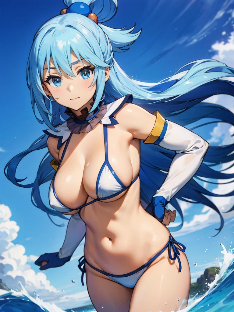 top quality, A high resolution, detailed background, Beautiful and tight face, Beautiful and smooth skin, Aqua Konosuba, (huge breasts:1.2), middle thighs, (White micro bikini:1.2), white elbow length gloves, looks at the viewer, dynamic angle,(Above:1.2), stands sideways