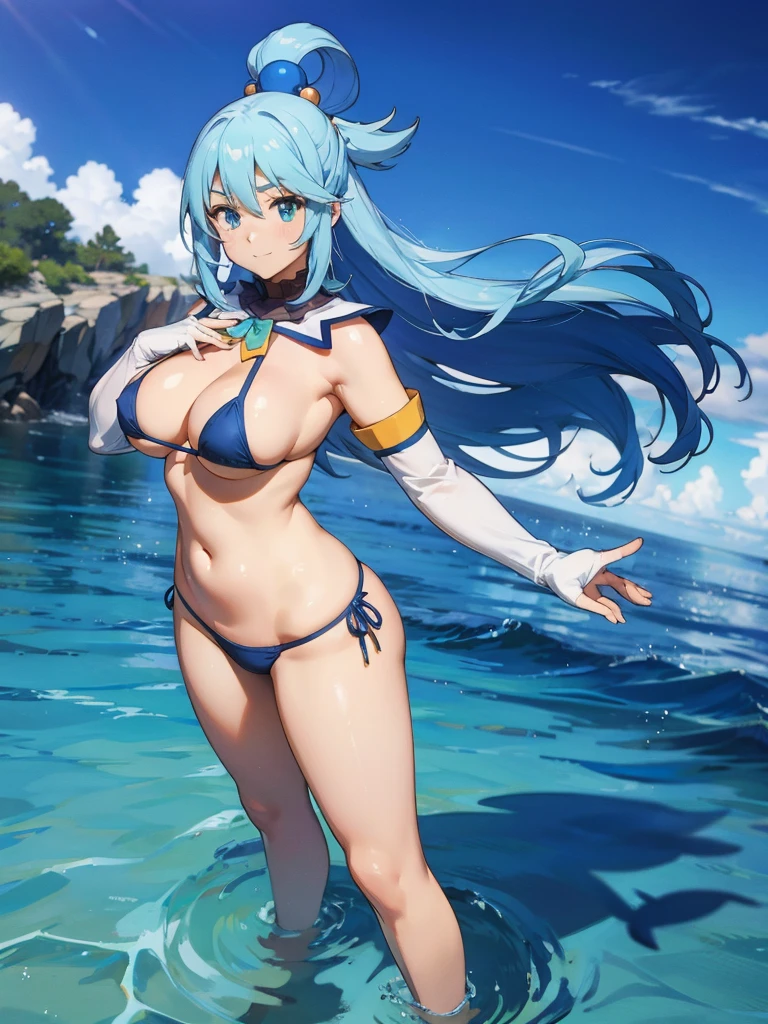 top quality, A high resolution, detailed background, Beautiful and tight face, Beautiful and smooth skin, Aqua Konosuba, (huge breasts:1.2), middle thighs, (White micro bikini:1.2), white elbow length gloves, looks at the viewer, dynamic angle,(Above:1.2), stands sideways