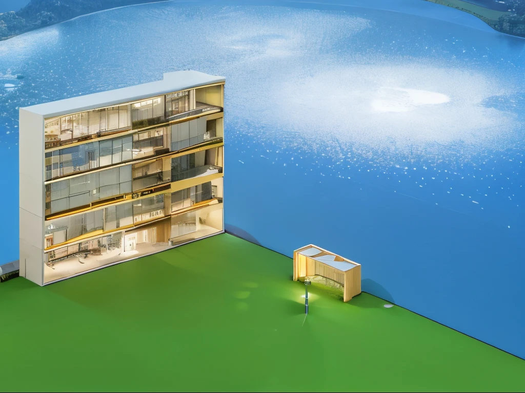 (masterpiece),(best quality:1.5), (ultra highres:1.5),Cuboid building、Bright night sky、Lawn chair and desk、5 floors、A building with only glass on the front and concrete on the rest、A giant sits on a building、People in the building々is coming and going、There are tables, offices, chairs, etc. inside the building.々The furniture is arranged、Shining stars and moon in the sky、People in a building through glass々is visible through