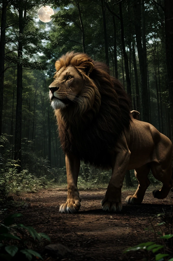 Create a high-resolution, realistic image of a giant, monstrous lion roaring ferociously, chasing a terrified woman through a dark, dense forest. The lion should have sharp teeth, glowing eyes, and an imposing, fearsome presence. The woman should be dressed in modern clothes, looking over her shoulder with a terrified expression, and running as fast as she can. The forest should be dimly lit with moonlight filtering through the trees, creating a tense and eerie atmosphere