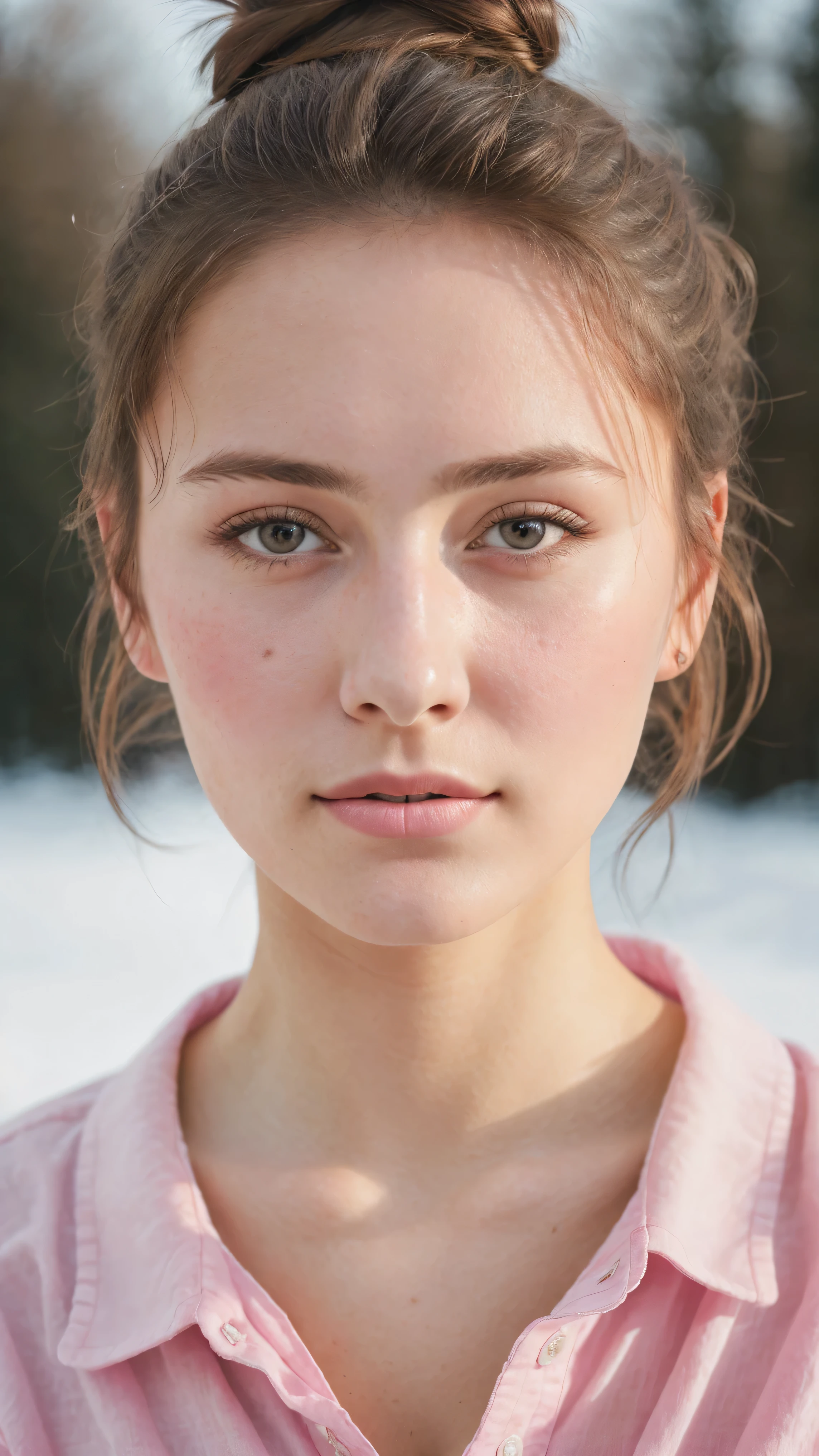 Portraiture, 20 year old brunette german girl, Sexy and attractive expression, Wearing a pink shirt, Messy bun, 8k, highest quality, masterpiece, (Looking into the camera:1.3), photograph, (beautiful), realistic skin, realistic skin texture, big breast, fair, bright, cold weather, winters,