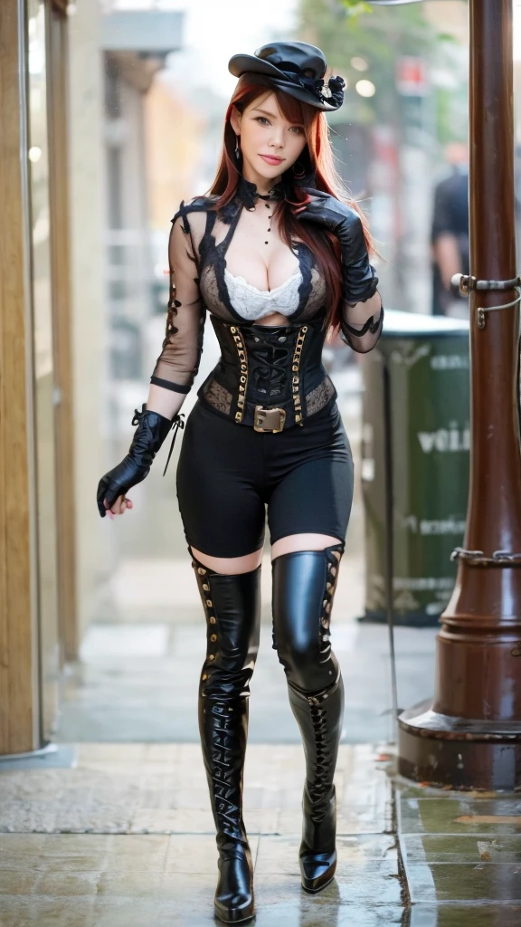 1girl, solo, steampunk, boots, hat, goggles_on_headwear, goggles, gloves, jewelry, necklace, blurry_background, blurry, looking_at_viewer, belt, red_hair, full_body, pants, ground_vehicle, knee_boots, fingerless_gloves, walking, black_footwear, long_hair, breasts, cross-laced_footwear, standing, realistic, lace-up_boots, outdoors, jacket, red_pants, cleavage, top_hat, corset, black_gloves