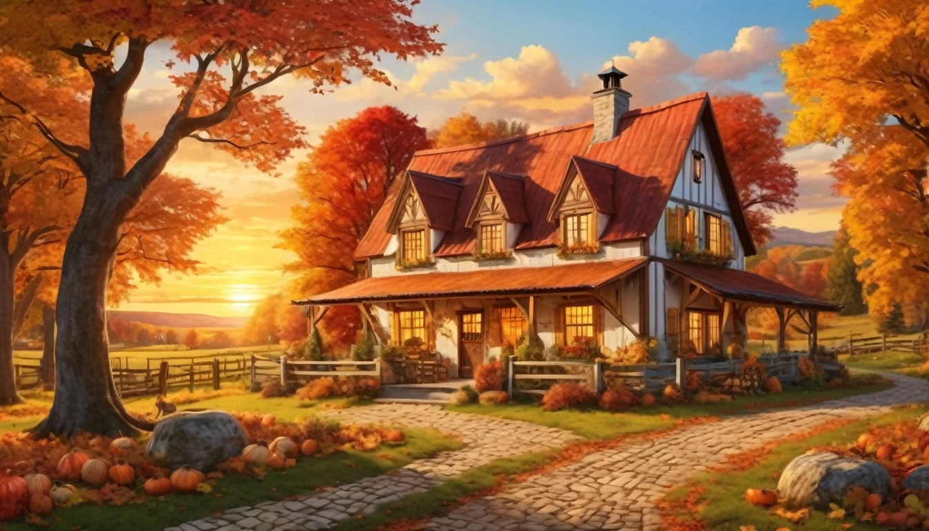 The farmhouse set in a serene autumn landscape with warm, vibrant foliage and a golden sunset. hyper realistic photo, vibrant color, 16k