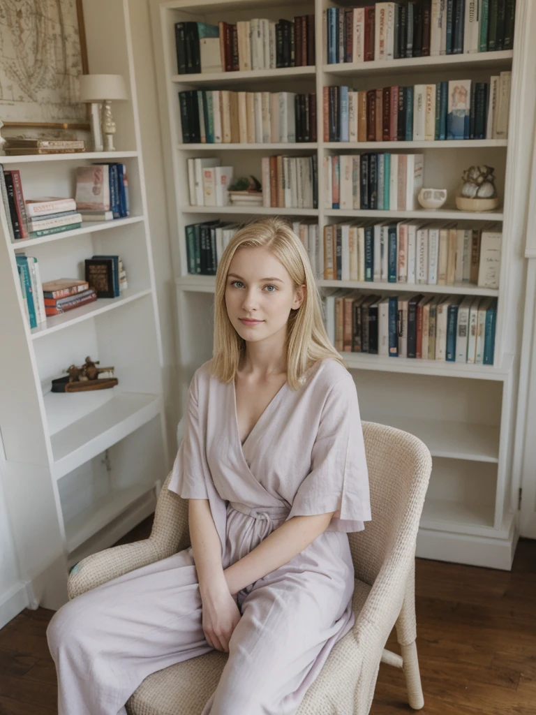 her name is Marie, high quality, 1girl, ((20-year-old fit Caucasian woman)), ((20 years old)), ((fit)), ((pale skin tone)), medium length straight blonde hair , wearing Pastel Lavender Linen Wrap Dress, pose: standing, background: Capture the cozy charm of a local bookstore, with shelves filled with books of all genres, soft lighting, and comfortable reading chairs tucked away in quiet corners.