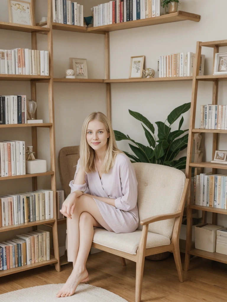 her name is Marie, high quality, 1girl, ((20-year-old fit Caucasian woman)), ((20 years old)), ((fit)), ((pale skin tone)), medium length straight blonde hair , wearing Pastel Lavender Linen Wrap Dress, pose: standing, background: Capture the cozy charm of a local bookstore, with shelves filled with books of all genres, soft lighting, and comfortable reading chairs tucked away in quiet corners.
