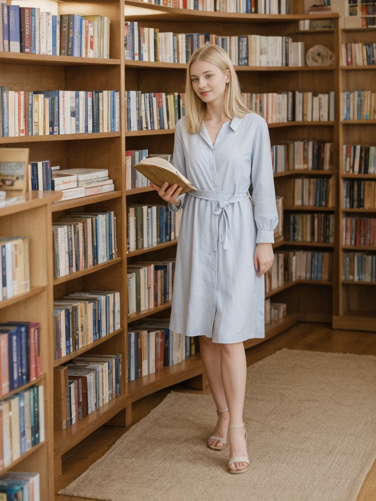 her name is Marie, high quality, 1girl, ((20-year-old fit Caucasian woman)), ((20 years old)), ((fit)), ((pale skin tone)), medium length straight blonde hair , wearing Pastel Lavender Linen Wrap Dress, pose: standing, background: Capture the cozy charm of a local bookstore, with shelves filled with books of all genres, soft lighting, and comfortable reading chairs tucked away in quiet corners.