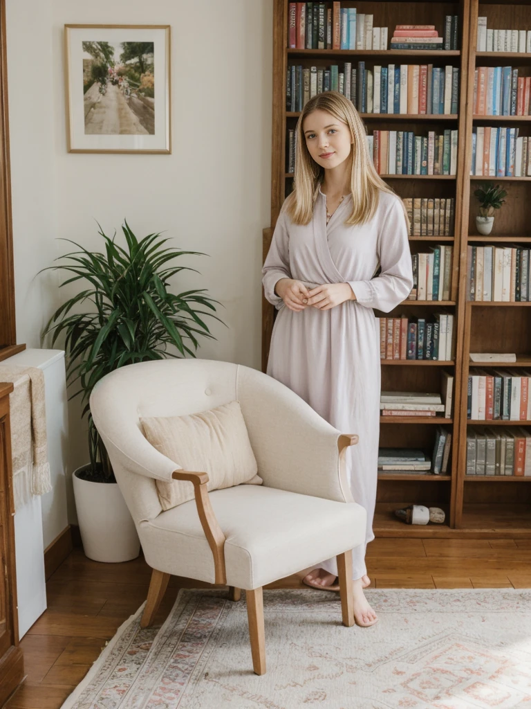 her name is Marie, high quality, 1girl, ((20-year-old fit Caucasian woman)), ((20 years old)), ((fit)), ((pale skin tone)), medium length straight blonde hair , wearing Pastel Lavender Linen Wrap Dress, pose: standing, background: Capture the cozy charm of a local bookstore, with shelves filled with books of all genres, soft lighting, and comfortable reading chairs tucked away in quiet corners.