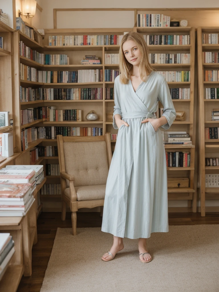 her name is Marie, high quality, 1girl, ((20-year-old fit Caucasian woman)), ((20 years old)), ((fit)), ((pale skin tone)), medium length straight blonde hair , wearing Pastel Lavender Linen Wrap Dress, pose: standing, background: Capture the cozy charm of a local bookstore, with shelves filled with books of all genres, soft lighting, and comfortable reading chairs tucked away in quiet corners.