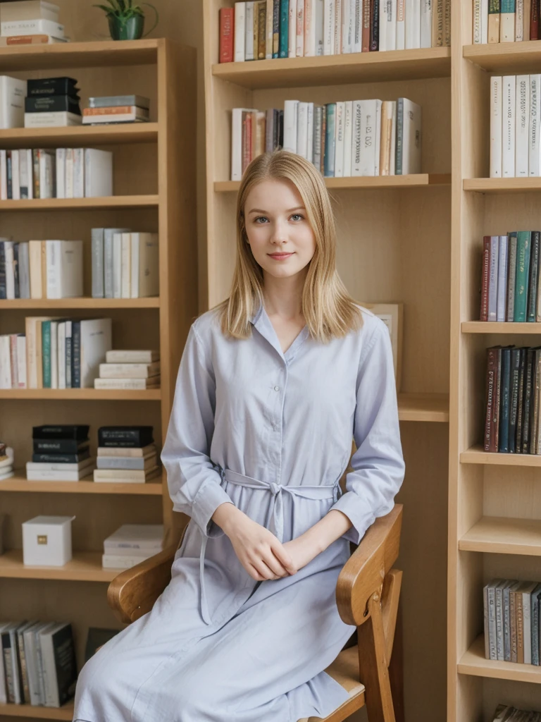 her name is Marie, high quality, 1girl, ((20-year-old fit Caucasian woman)), ((20 years old)), ((fit)), ((pale skin tone)), medium length straight blonde hair , wearing Pastel Lavender Linen Wrap Dress, pose: standing, background: Capture the cozy charm of a local bookstore, with shelves filled with books of all genres, soft lighting, and comfortable reading chairs tucked away in quiet corners.