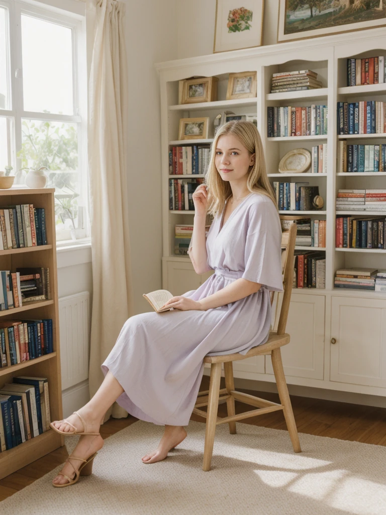 her name is Marie, high quality, 1girl, ((20-year-old fit Caucasian woman)), ((20 years old)), ((fit)), ((pale skin tone)), medium length straight blonde hair , wearing Pastel Lavender Linen Wrap Dress, pose: standing, background: Capture the cozy charm of a local bookstore, with shelves filled with books of all genres, soft lighting, and comfortable reading chairs tucked away in quiet corners.