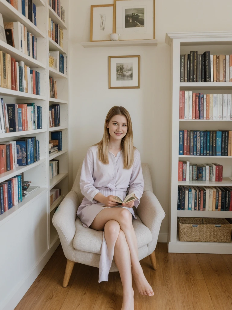 her name is Marie, high quality, 1girl, ((20-year-old fit Caucasian woman)), ((20 years old)), ((fit)), ((pale skin tone)), medium length straight blonde hair , wearing Pastel Lavender Linen Wrap Dress, pose: standing, background: Capture the cozy charm of a local bookstore, with shelves filled with books of all genres, soft lighting, and comfortable reading chairs tucked away in quiet corners.