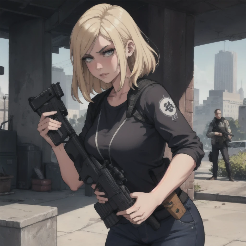 a beautiful detailed blonde girl holding a gun, and a man with a gun GTA5 character, cinematographic composition, City