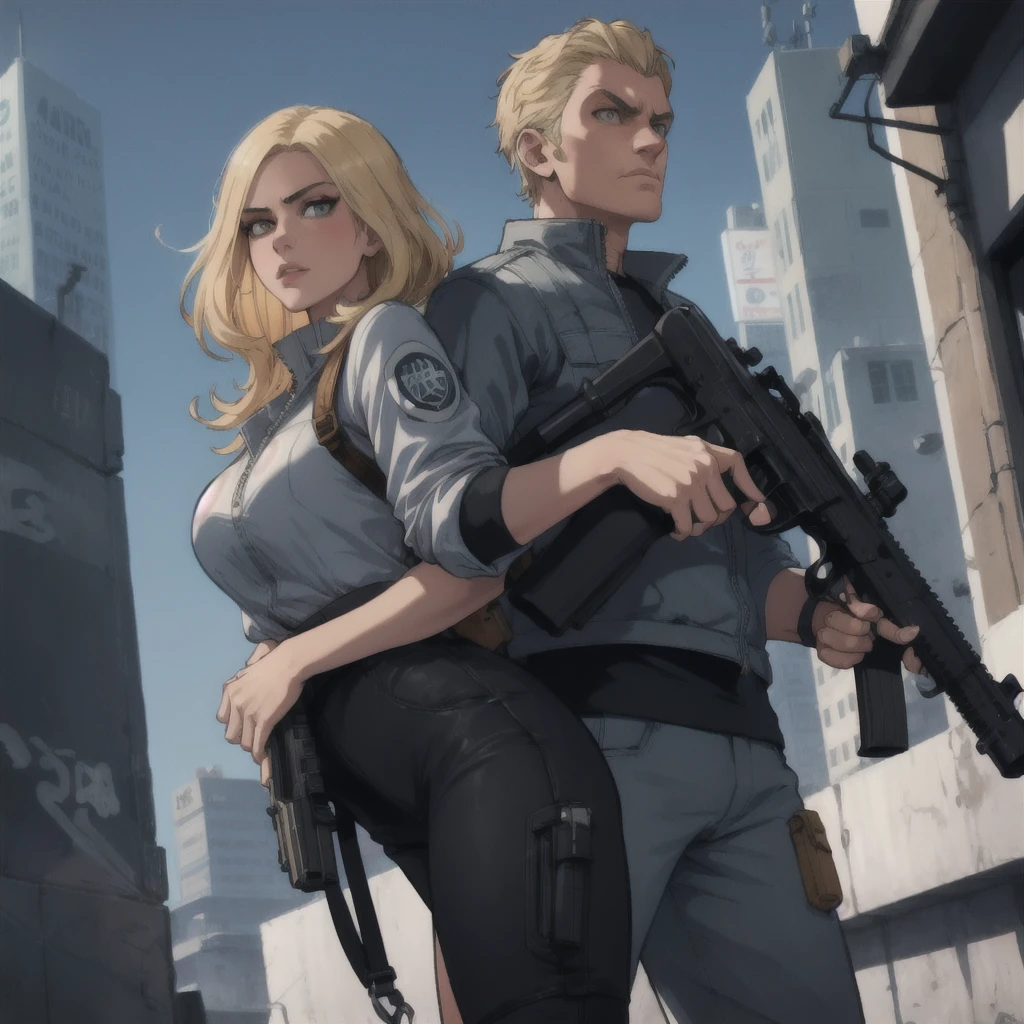 a beautiful detailed blonde girl holding a gun, and a man with a gun GTA5 character, cinematographic composition, City